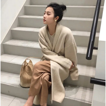 Women Vintage Oversized Solid Color Knitting Long Sleeve X-Long Cardigans 2023 Winter Fashion Casual Office Lady Style Sweater